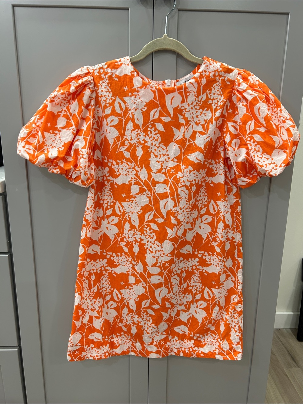 Olivia James Louisa Dress XS Orange White Game Day Floral Puff Sleeve Shift